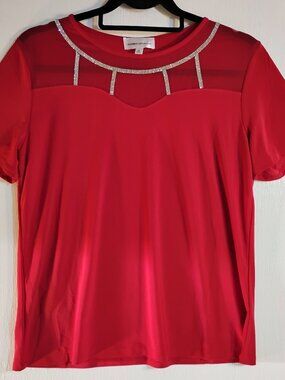 Modern Attraction red short-sleeve top with sheer mesh panel and rhinestones  M